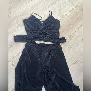 Black ribbed silky set